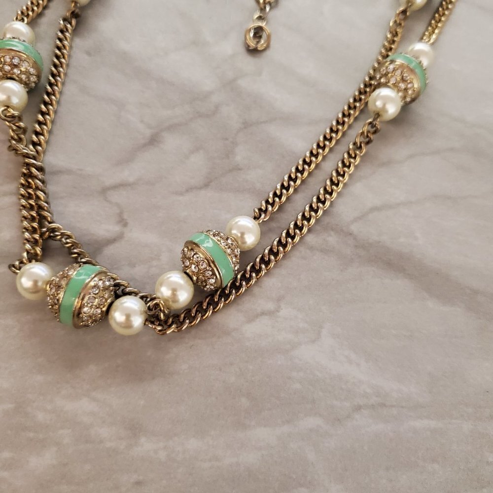 ✨ J.Crew Rhinestone Crystal Pave Ball Pearl Double Chain Necklace ✨ - Picture 4 of 12